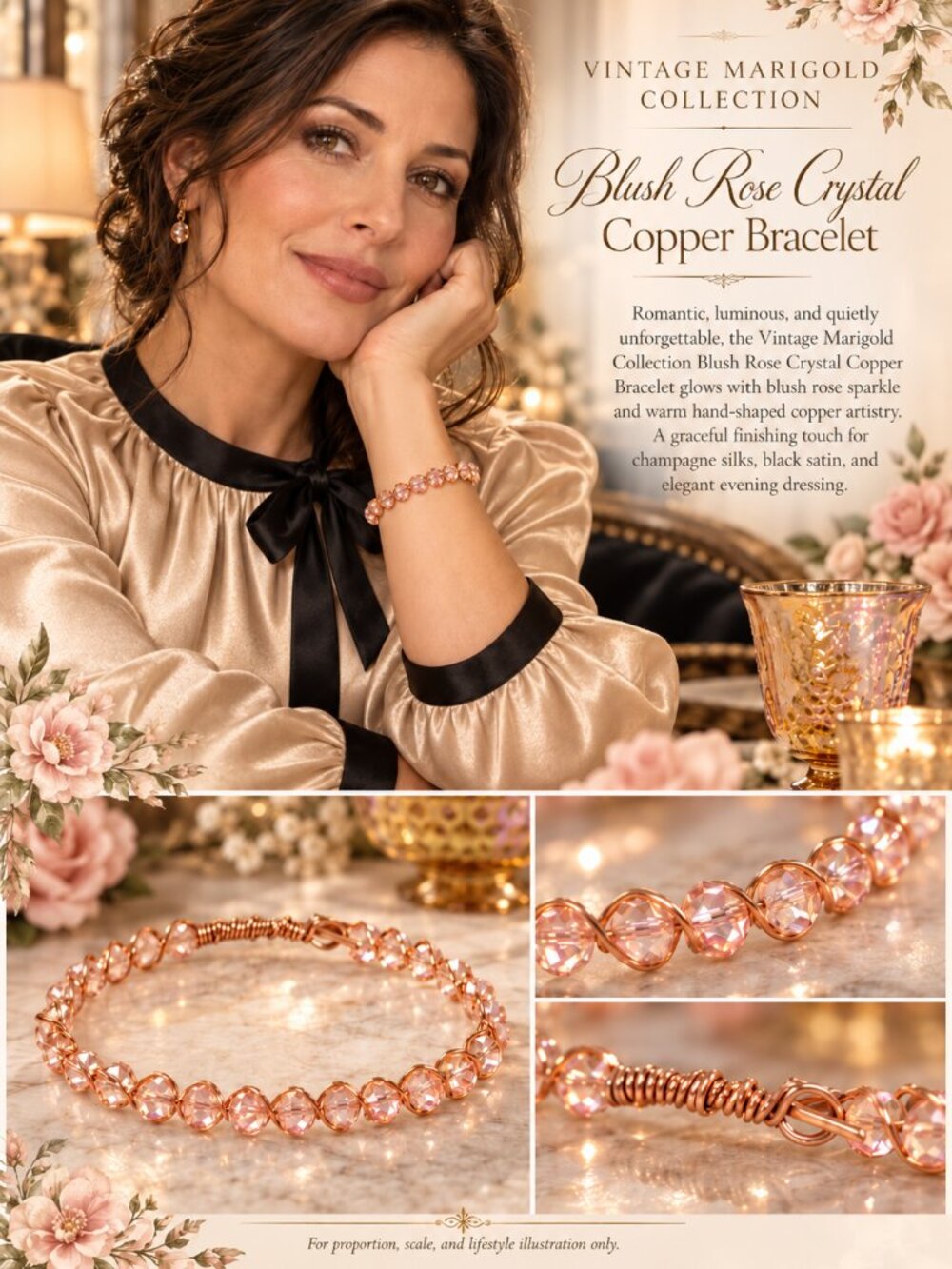 Artisan Vintage Marigold Collection Blush Rose Crystal Bracelet